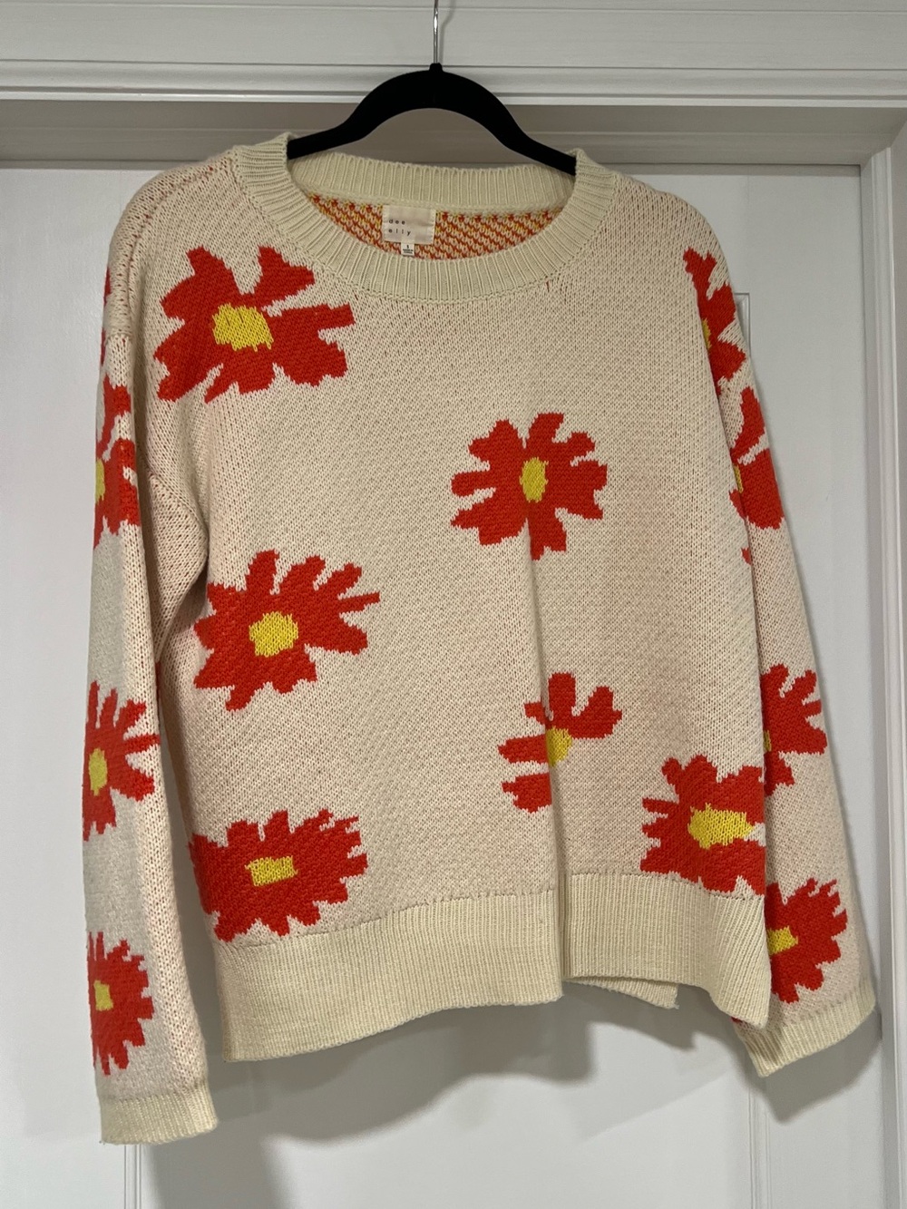 Cream Floral Crewneck Sweater with Red & Yellow Daisies